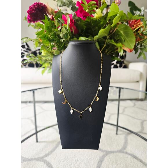 Stainless Steel Gold Pearl Moon Stars Necklace New - Picture 1 of 4